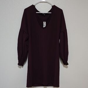 Express Red Sheath Dress with V-Neck and Bishop Sleeves